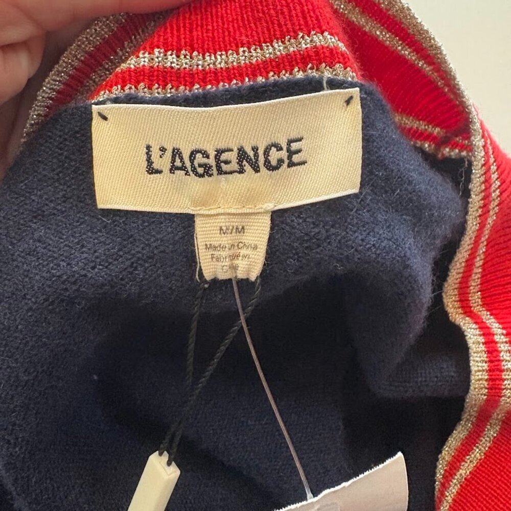 NWT L’Agence Wool Cashmere Ariel Navy Red Gold Cardigan Sparkle Metallic Holiday - Picture 11 of 13